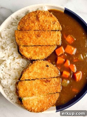 Vegan Mung Bean and Coconut Curry Recipe 10 aubergine katsu curry in plate with rice