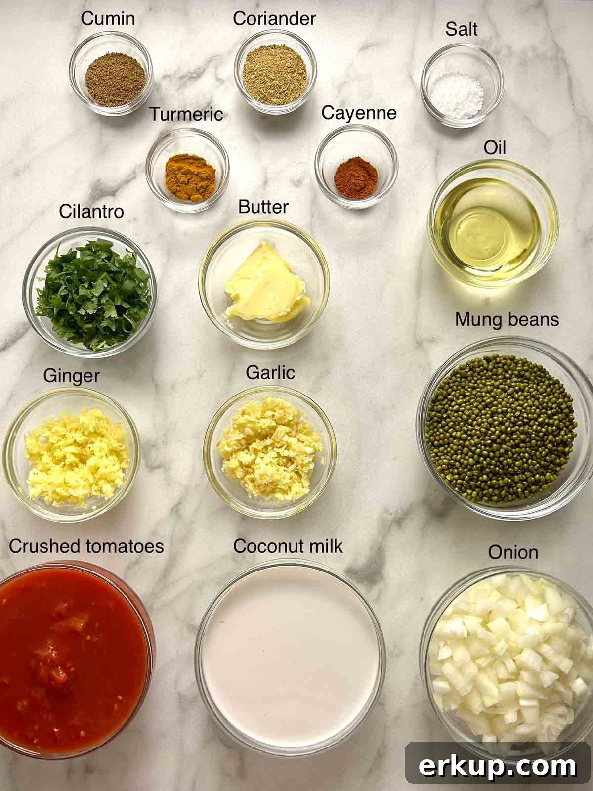 Vegan Mung Bean and Coconut Curry Recipe 3 ingredients prepped in bowls