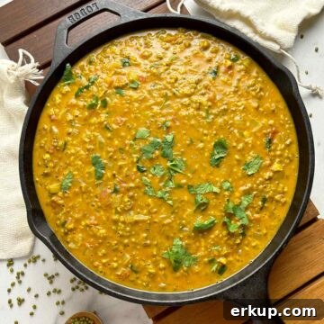 mung bean and coconut curry in cast iron pan