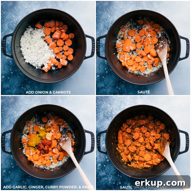 Onions and carrots are sautéed together, then garlic, ginger, curry powder, and curry paste are added.