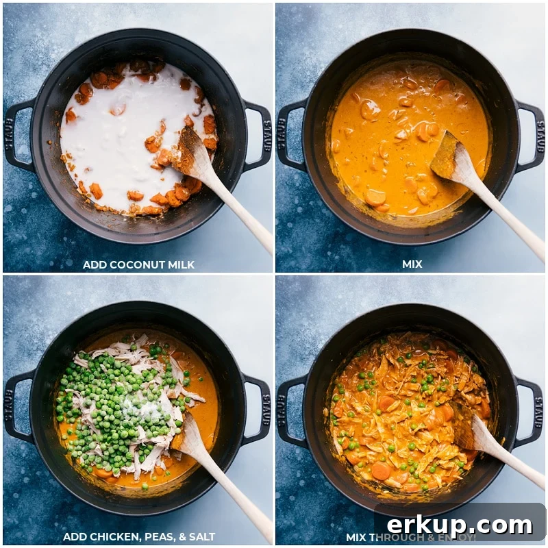 Coconut milk, chicken, peas, and salt all being added to the quick chicken curry.