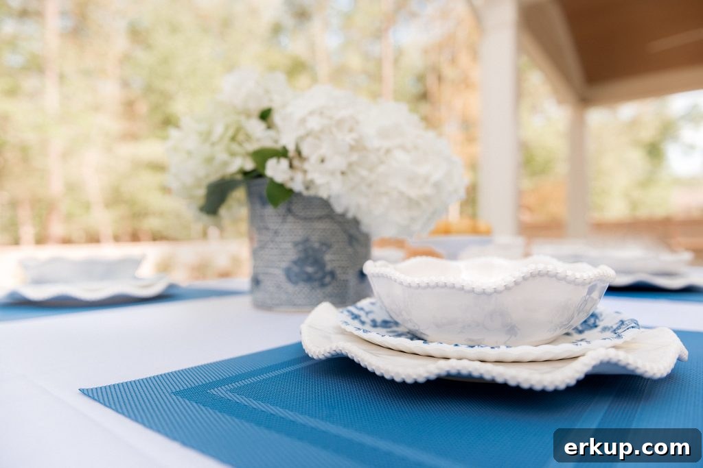 white bowls and blue dishes on a outdoor table