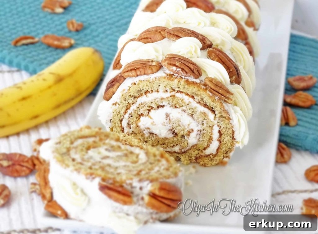 Banana Cake Roll Recipe with Cream Cheese Filling 2 Banana Cake Roll: sweet, fruity, tangy and delicious. Great combo of lemony filling, pecan decor and banana dough.