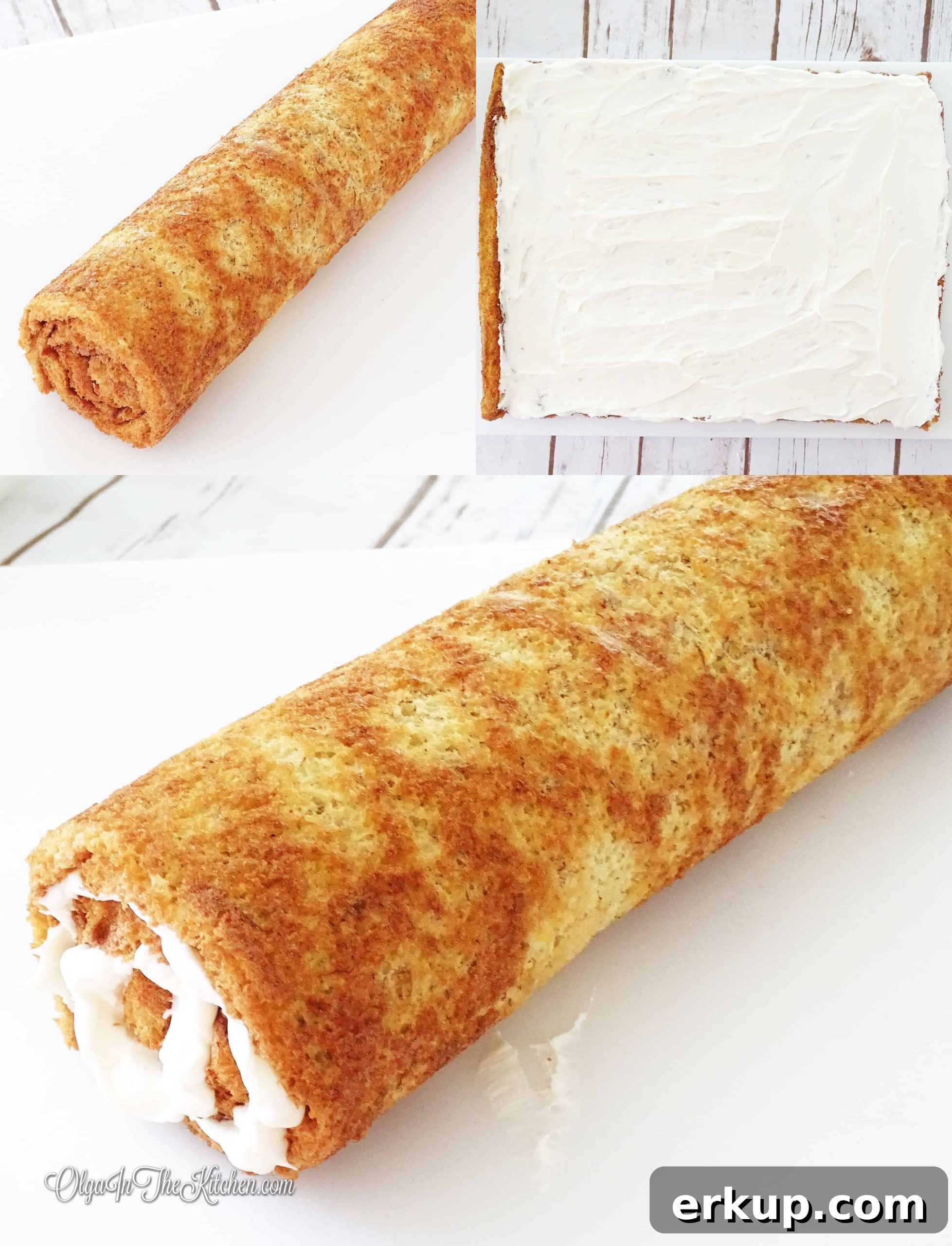 Banana Cake Roll Recipe with Cream Cheese Filling 8 Finished banana cake roll decorated with pecans.
