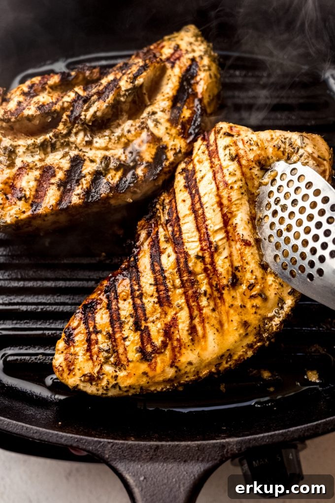 Juicy Oven-Roasted Turkey Tenderloin Recipe 11 Someone is using tongs to flip a tenderloin of turkey over on a cast iron skillet grill.