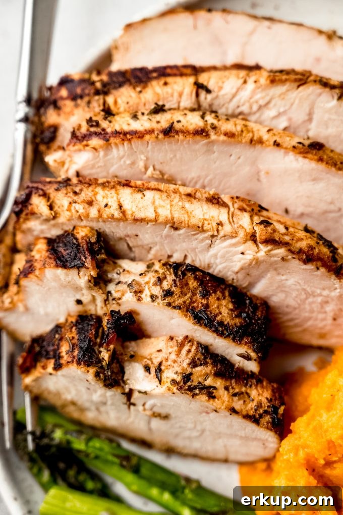 Juicy Oven-Roasted Turkey Tenderloin Recipe 12 Aerial photo of a dinner plate with sliced turkey tenderloin on it.