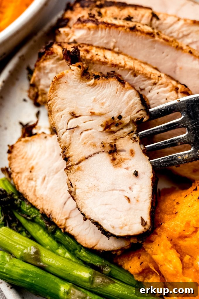 Juicy Oven-Roasted Turkey Tenderloin Recipe 15 A plate with turkey tenderloin and a fork grabbing a bite of it.