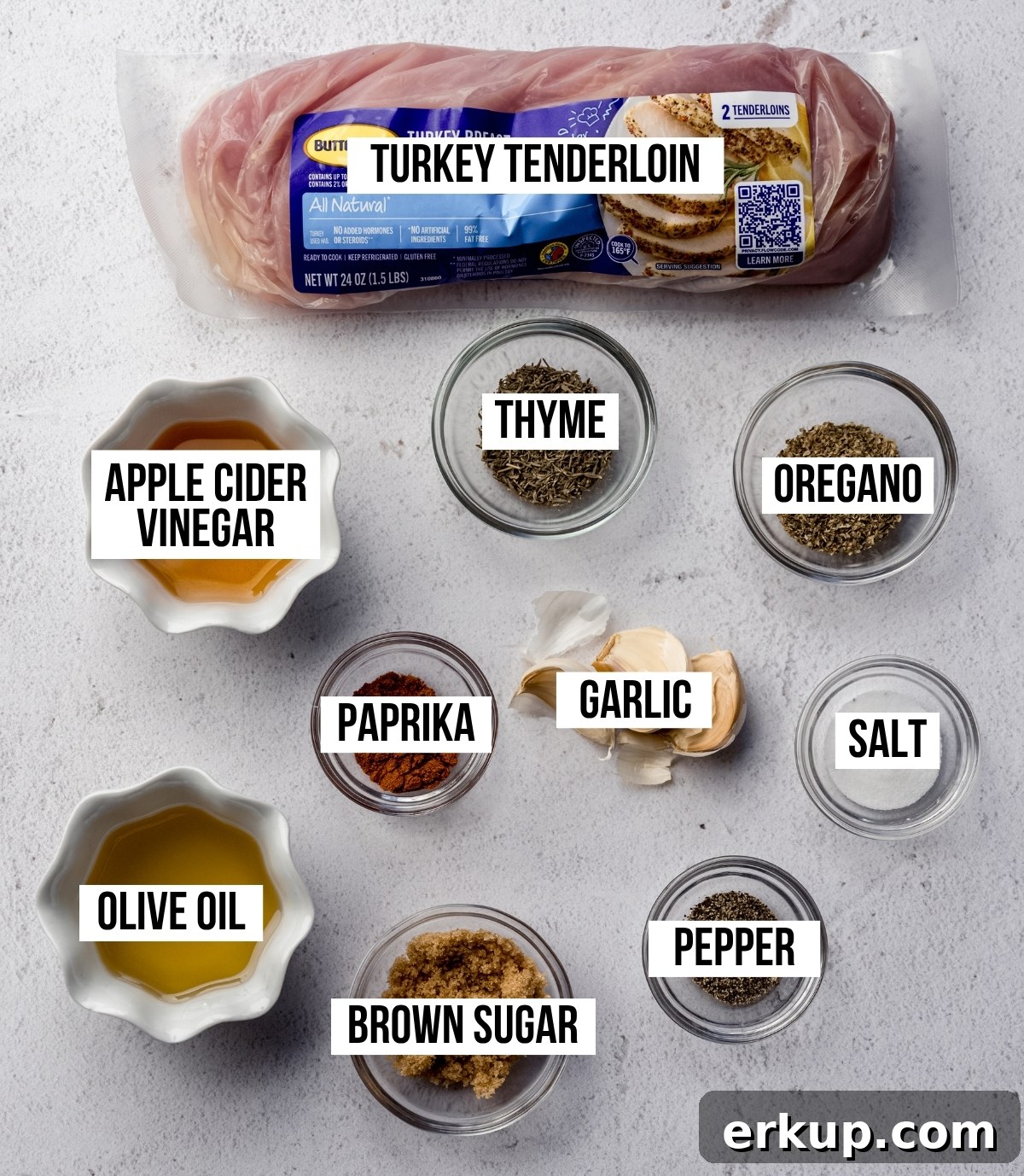 Juicy Oven-Roasted Turkey Tenderloin Recipe 4 Aerial photo of ingredients to make turkey tenderloin with text overlay labeling each ingredient.