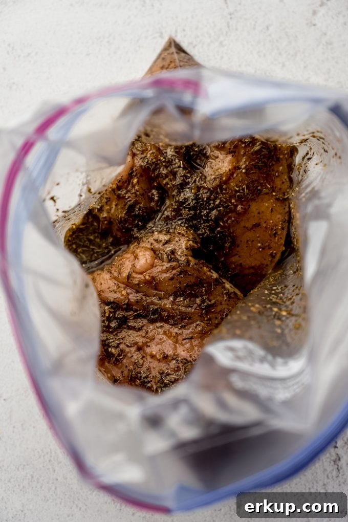 Juicy Oven-Roasted Turkey Tenderloin Recipe 8 Aerial photo looking into a zip top bag with marinating turkey tenderloins in it.
