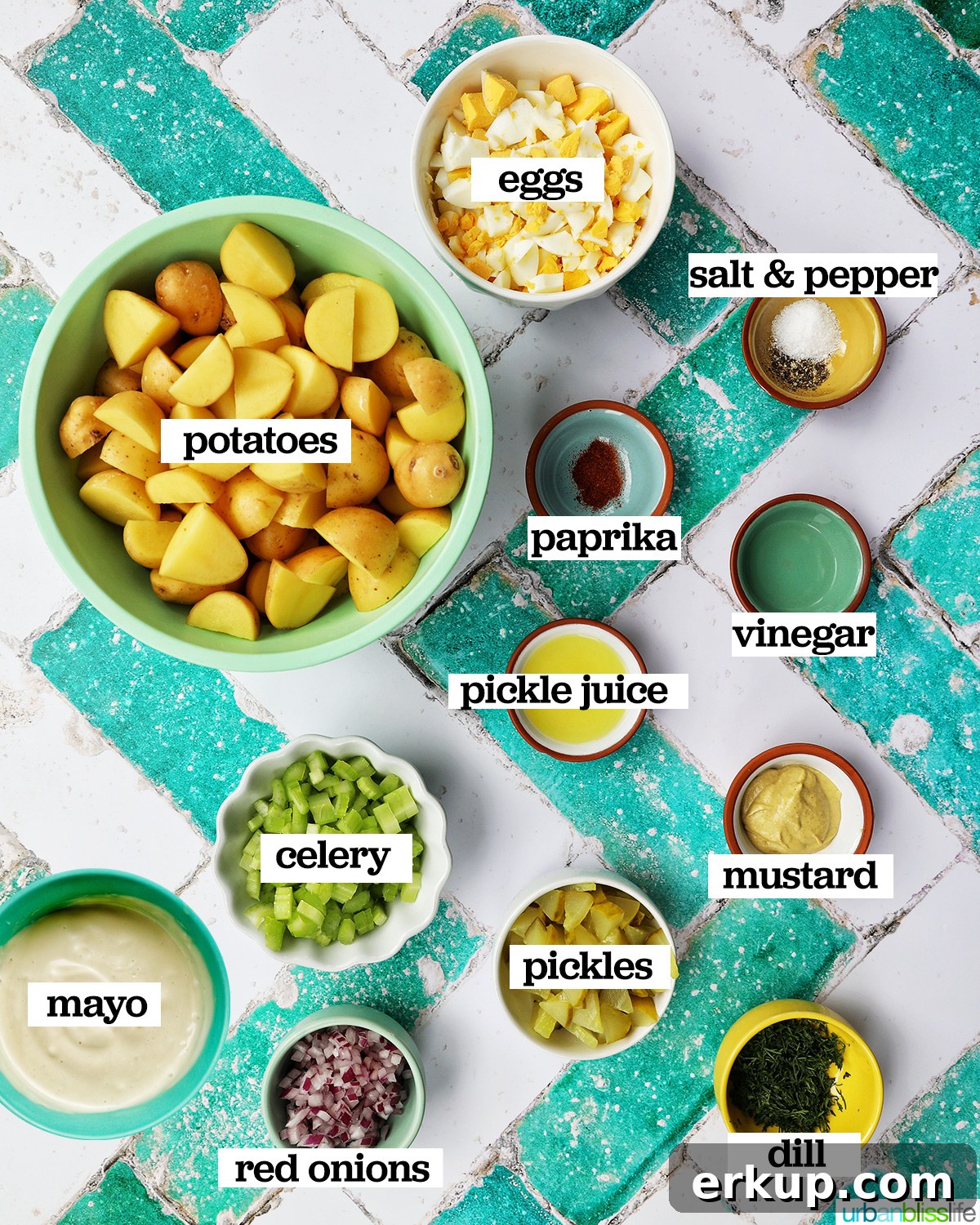 bowls of ingredients to make dill pickle potato salad