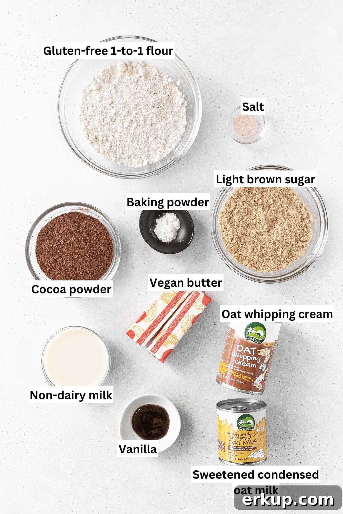 All of the ingredients for gluten-free ice cream sandwiches on a white background.