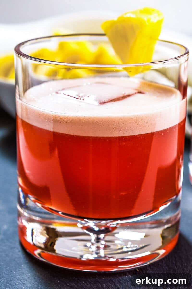 Sideview of a rock glass filled with a Campari Cocktail garnished with a piece of pineapple.