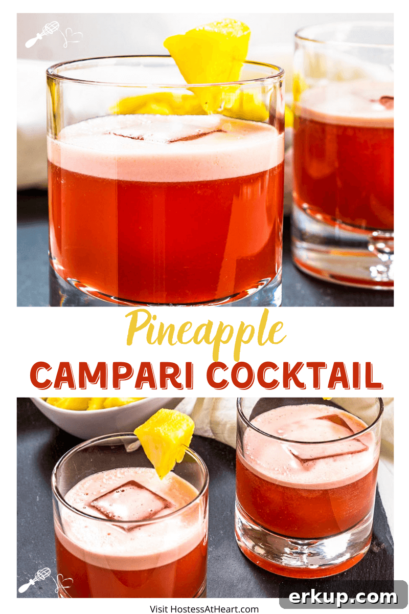 Two photo collage for Pinterest of 3/4 angle of two rocks glasses of a red Campari Cocktail garnished with pineapple.