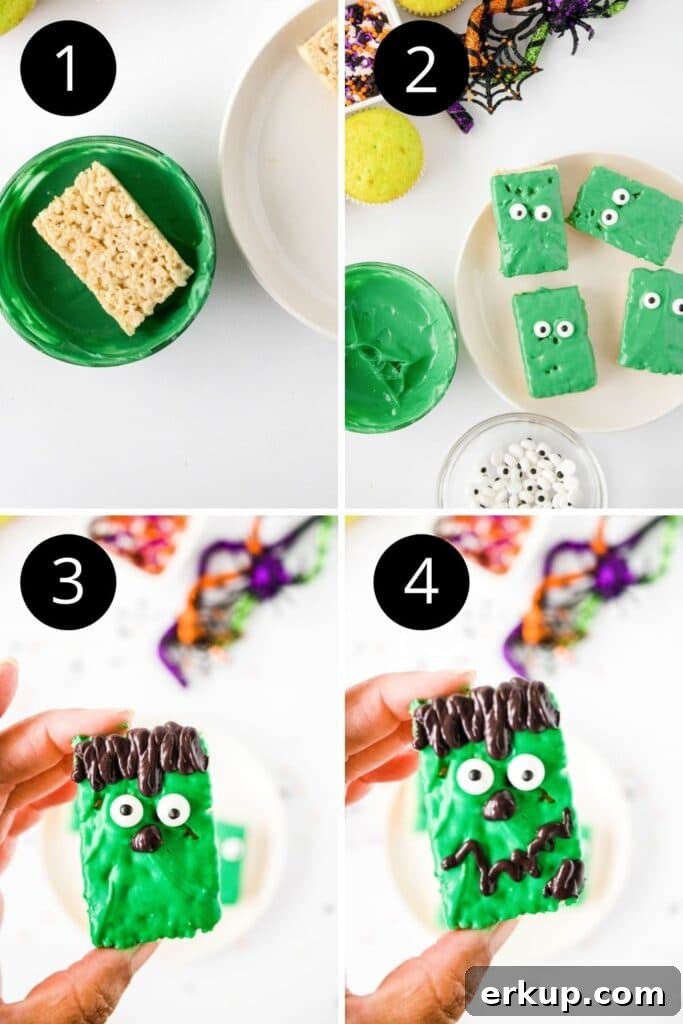 Spooky Frankenstein Rice Krispies Treats for Halloween 4 steps on how to make a frankenstein dessert