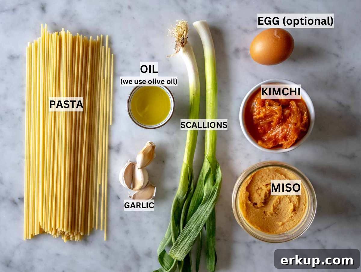 Ingredients for miso pasta on a kitchen worktop.