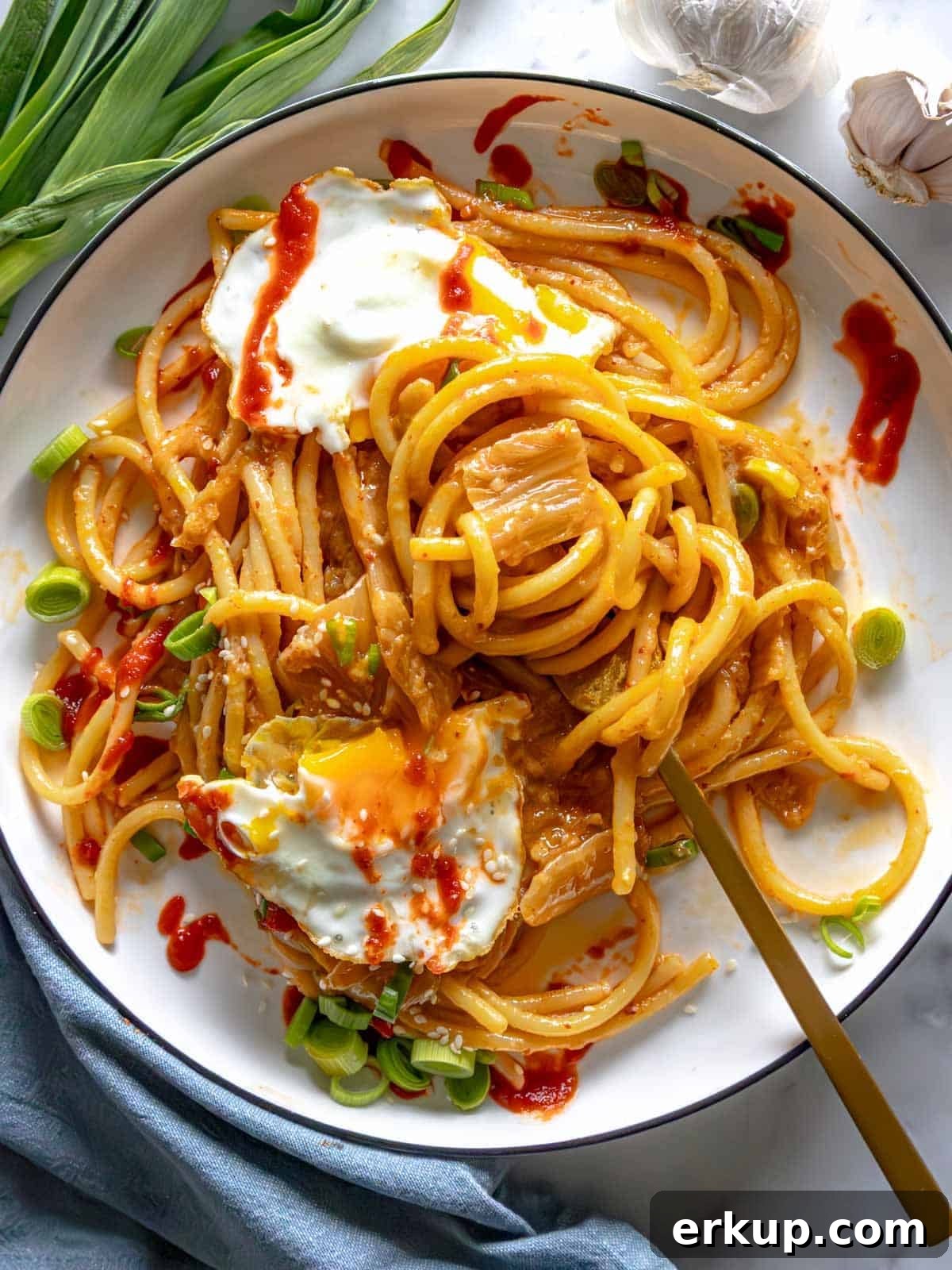 Miso Pasta with kimchi and a fork.