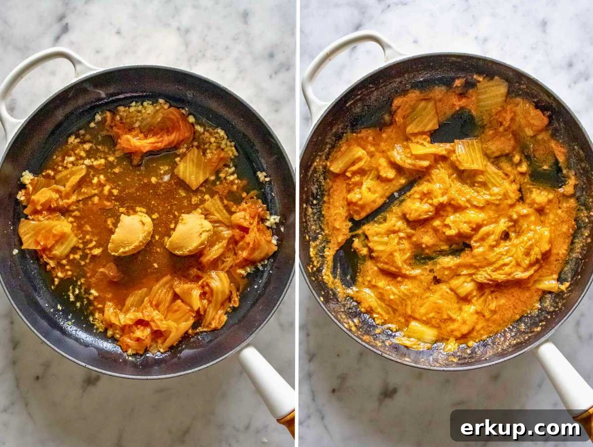 Garlic, miso, kimchi sauce in a skillet.