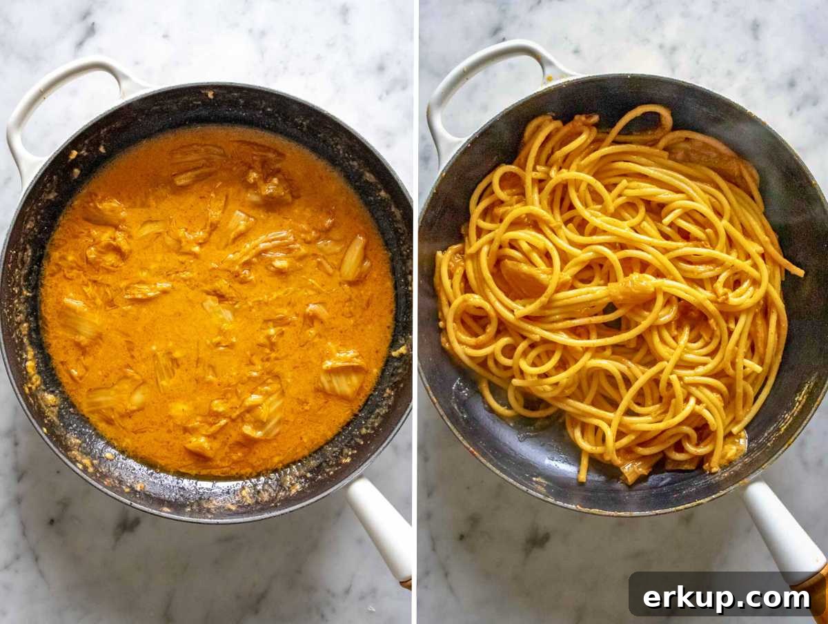 Bucatini pasta tossed in the miso sauce.
