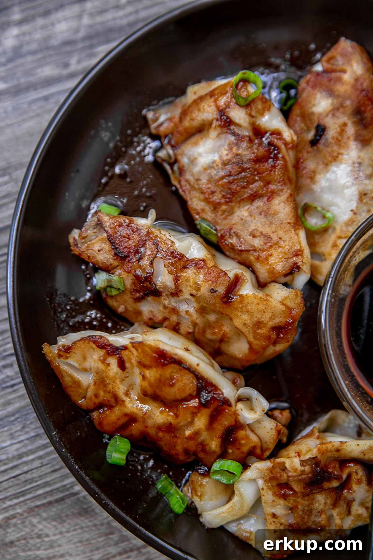 Cooked pork potstickers arranged on a plate.