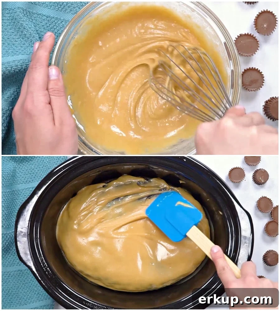 Peanut butter glaze being added to cake.