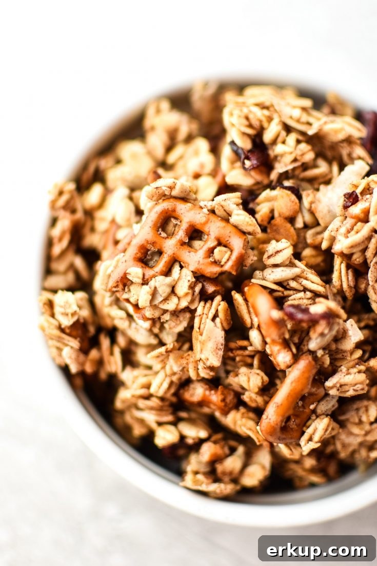 A bowl of super clumpy nut free free snack mix granola.