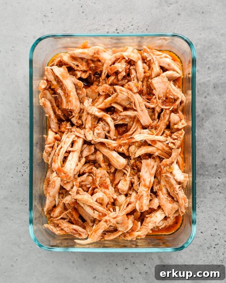 Shredded salsa baked chicken thighs meal prepped and ready for the week.