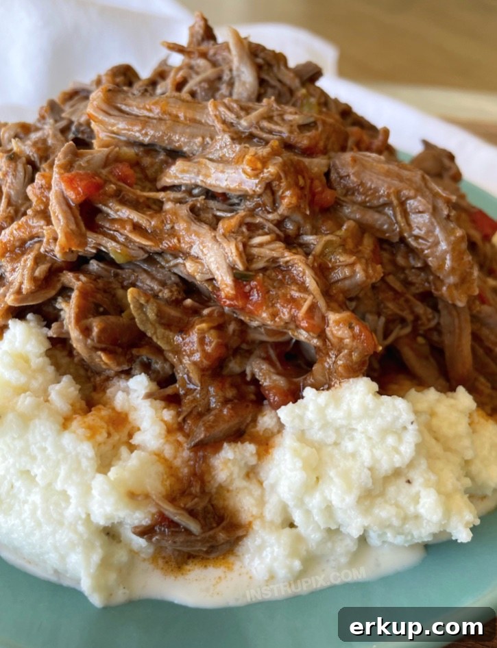 Looking for easy family dinner ideas? This 2 ingredient salsa pot roast is simple to make in your slow cooker! Just a beef chuck roast and a jar of salsa. It's naturally low carb and keto but versatile for the whole family. Serve with mashed potatoes or cauliflower! Seriously, The BEST pot roast!