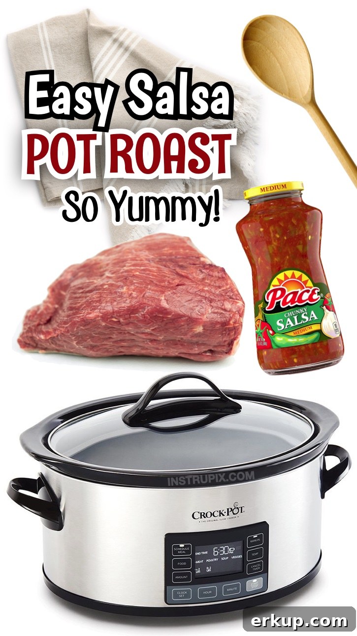 Salsa Pot Roast Dinner | A super easy slow cooker dinner idea! If you have a hungry family to feed, you've got to try this amazing beef pot roast. You won't believe how good it is! Just use your favorite jar of store-bought salsa and a beef chuck roast. You can also season it with garlic and salt. I was so shocked at how tender and flavorful this was for having such simple ingredients. We served it over mashed cauliflower to keep it low carb, but you can serve it with just about any side dish. My picky kids loved it!