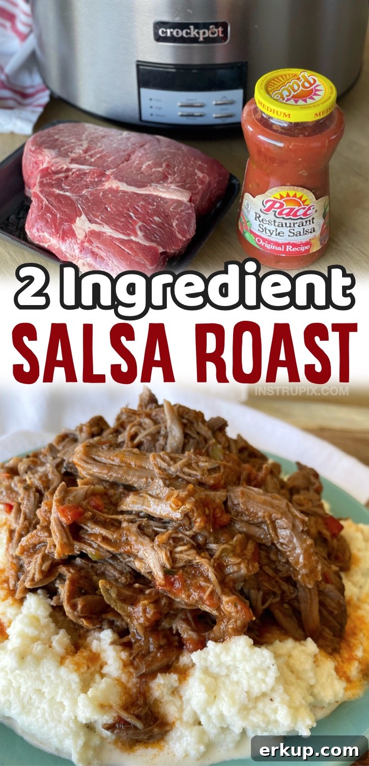 The Best Slow Cooker Pot Roast... made with just a jar of salsa! A super easy family dinner recipe even your picky kids will gobble up. It's naturally low carb and keto, but you can serve it with mashed potatoes or rice for the rest of the family. I eat it with cauliflower mash! Seriously, my favorite simple and cheap meal to make. It's effortless!