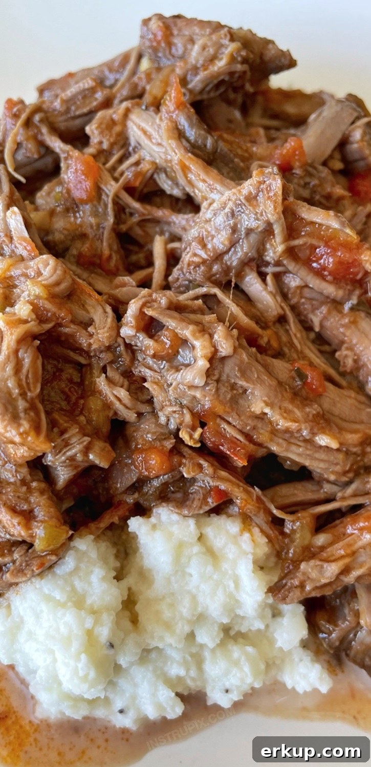 Amazing Slow Cooker Salsa Pot Roast | Just 2 ingredients to make the most tender and juicy beef you'll ever eat! This low carb dinner recipes great for the entire family and super versatile. Serve it with mashed potatoes or cauliflower mash. Even my picky kids love it! If you're looking for easy crockpot meals to make, add this to your weekly rotation and thank me later. 