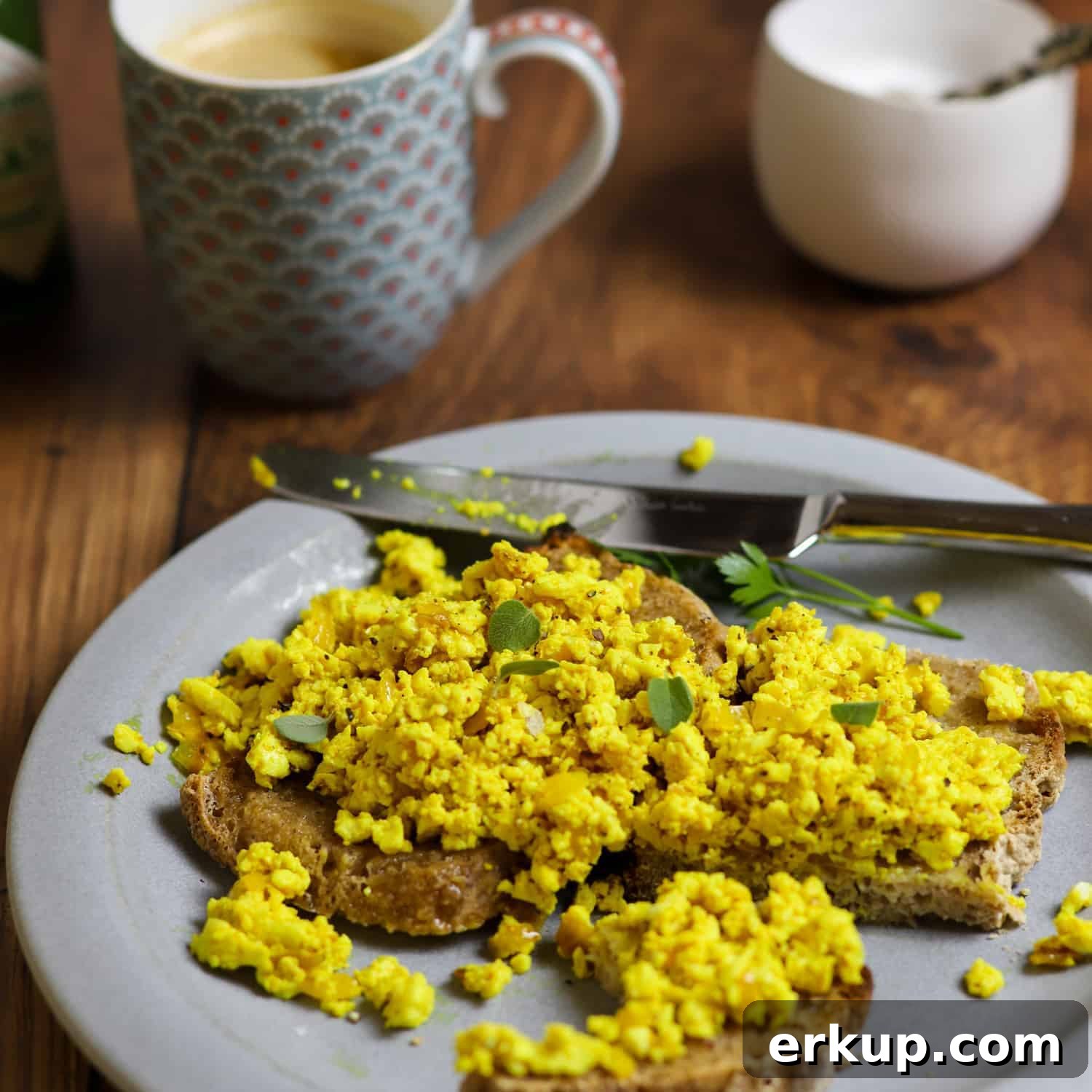 Vegan Tofu Scramble Recipe That Tastes Like Eggs 5 Pinterest graphic showing Tofu Scramble (vegan and gluten-free)