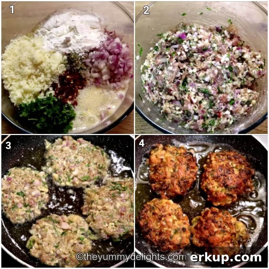 Collage of 4 photos showing how to make chicken fritters. Shows combining the chicken with other ingredients and frying it on a pan.