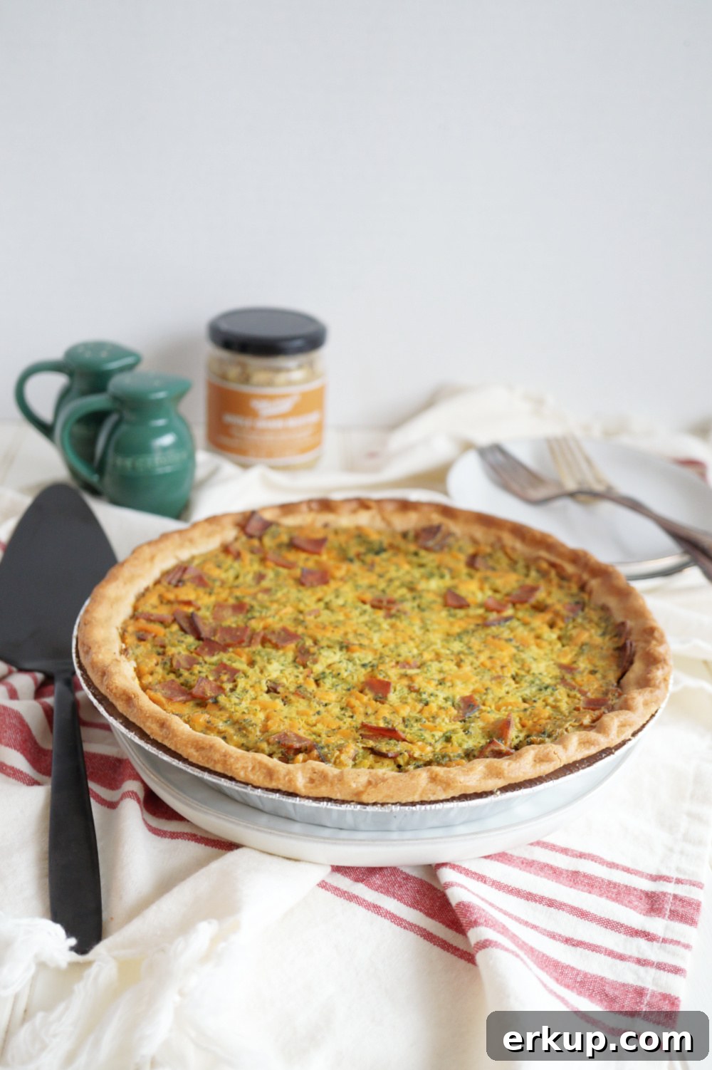 broccoli ham and cheese quiche on platter