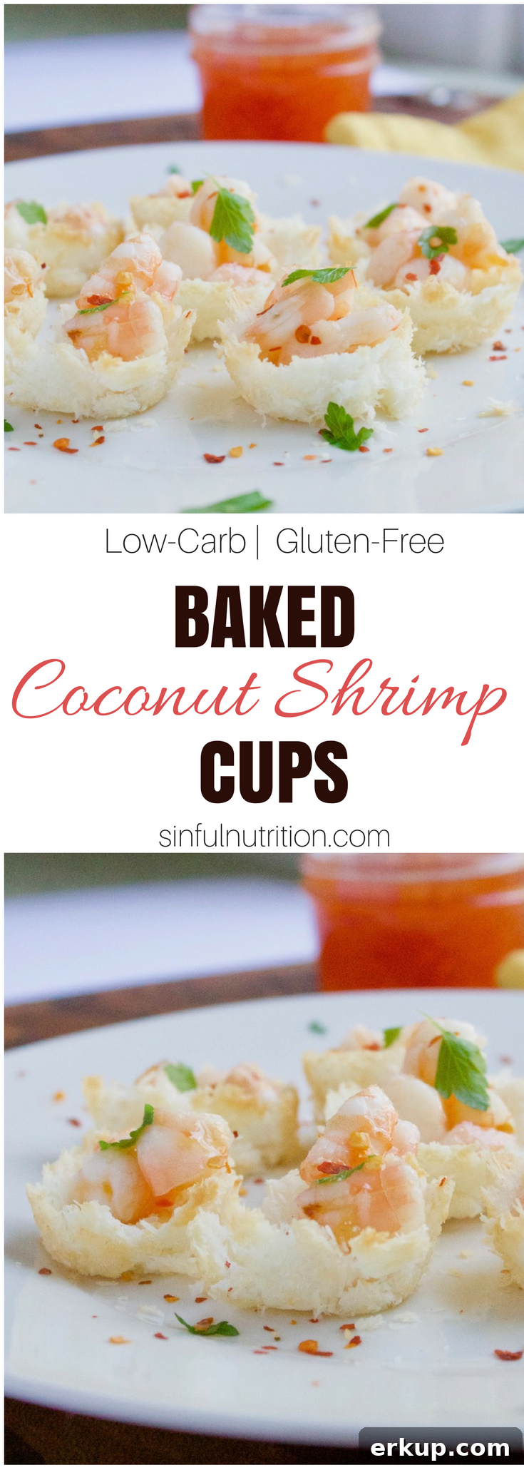 These baked coconut shrimp cups are a fun twist on a classic appetizer. An easy, and gluten-free party recipe that is sure to be a crowd-pleaser! | @sinfulnutrition | AD | #seafoodparty | @seafood4health