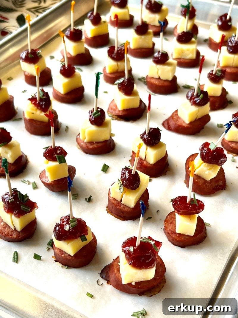 Assembled sausage, cheese, cranberry, and rosemary with party picks.