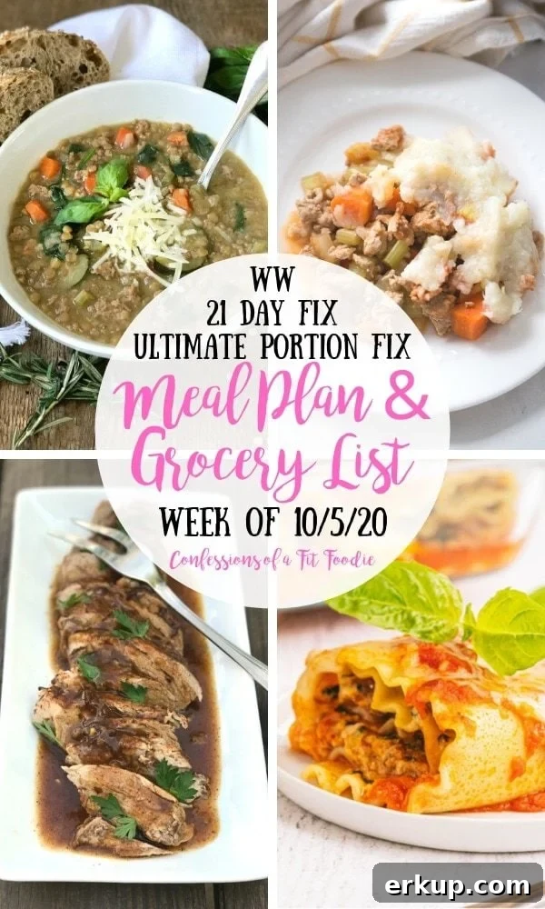 Food photo collage with black and pink text over a white circle. Text says WW | 21 Day Fix | Ultimate Portion Fix | Meal Plan & Grocery List | Week of 10/5/20 | Confessions of a Fit Foodie