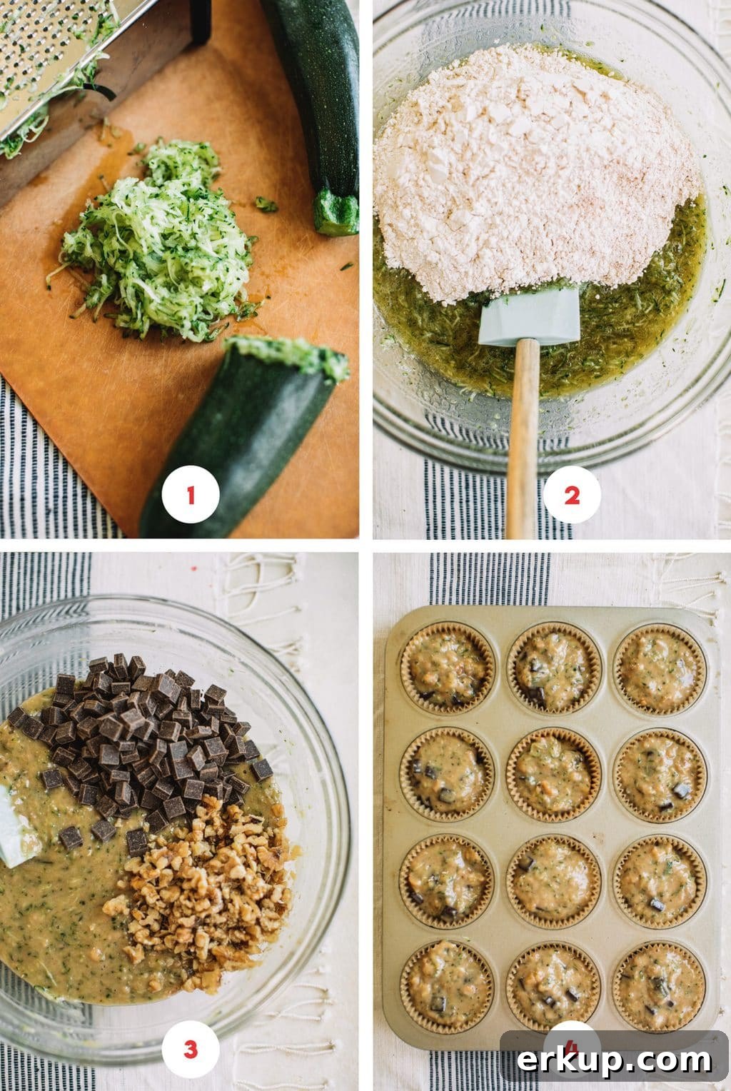 shredded zucchini and box grater, flour mix over wet mix in glass bowl, chocolate chips and walnuts in muffin batter, muffin batter in cupcake pan