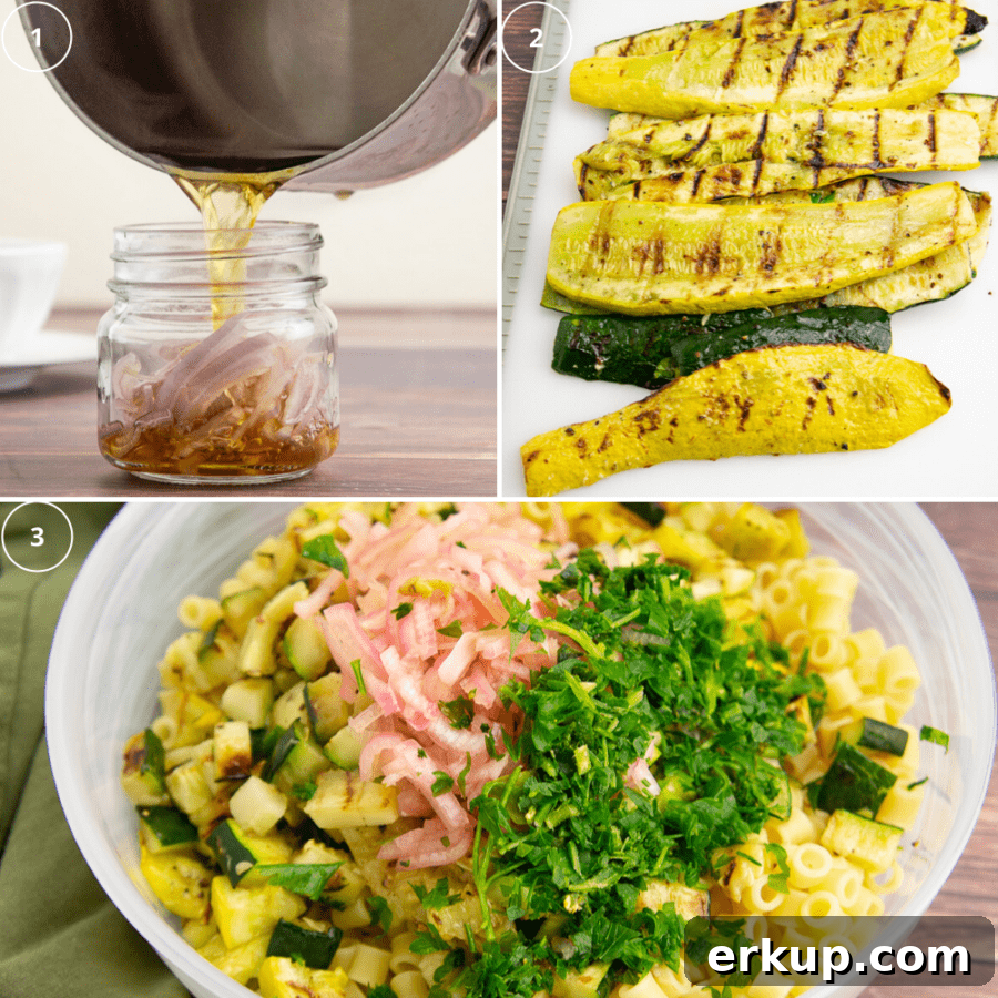 a pot pouring vinegar over shallots in a jar beside a white cutting board with grilled summer squash over a third image of a large frosted bowl with pasta, squash, shallots, and parsley on top