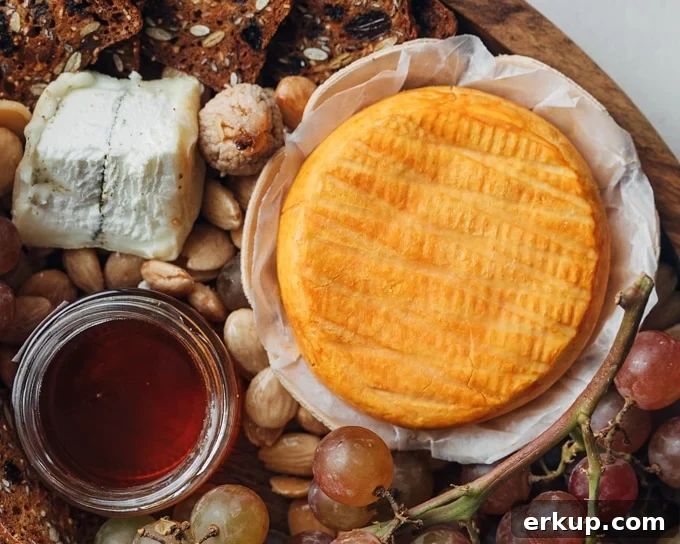 round of epoisses on a cheese board with fruit