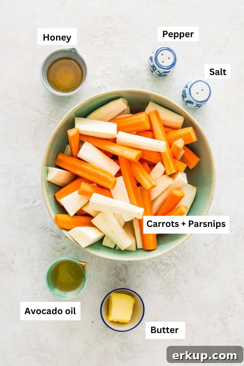 Bowls filled with different foods including honey, butter, carrots, parsnips and avocado oil.