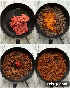 4 step by step photos showing how to make taco meat