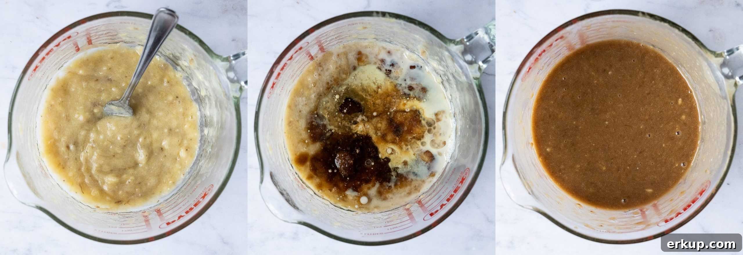 Step 1 - a three image collage of mashing the banana and whicking in the wet ingredients.