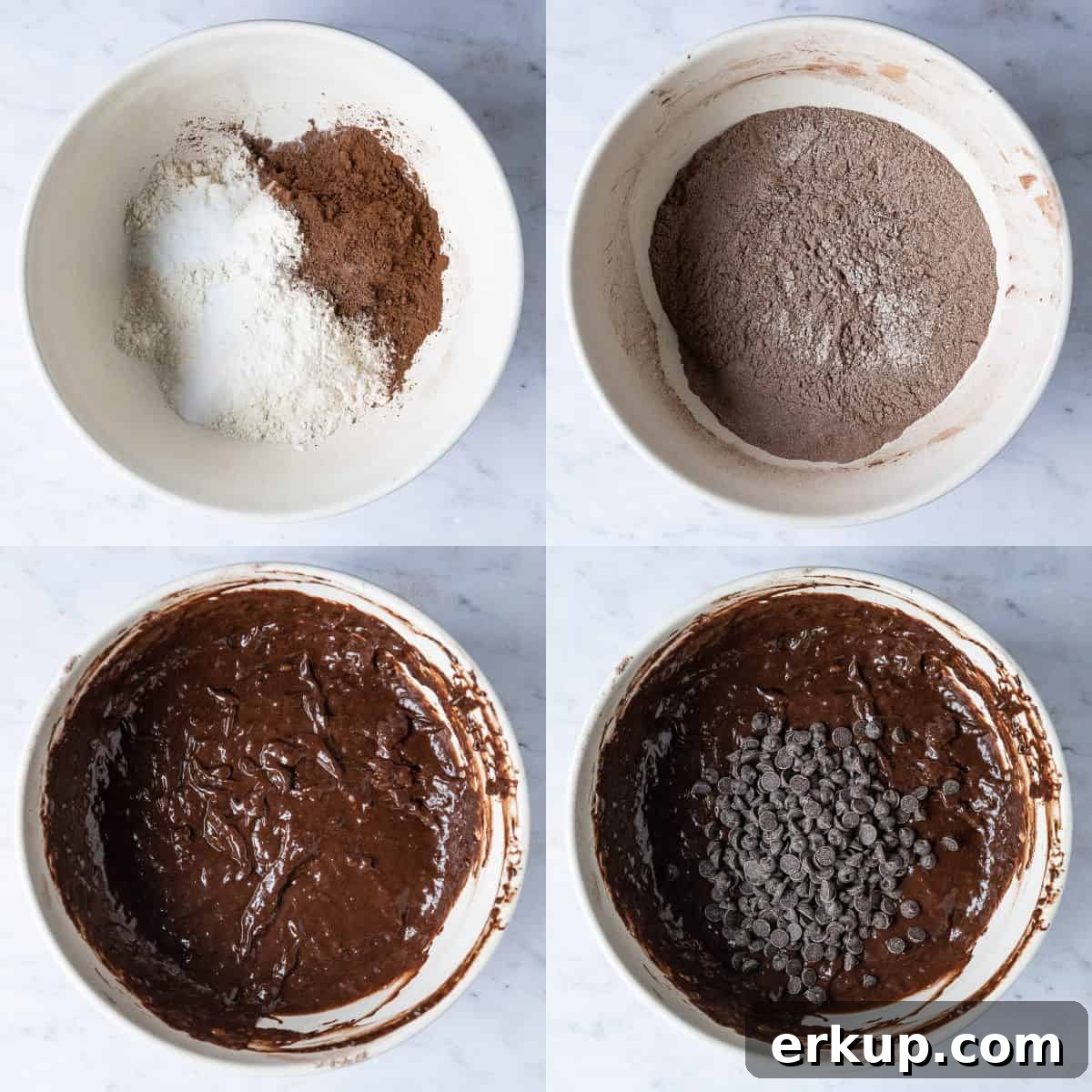 Step 2 - a four image collage of sifting the dry ingredients, adding the wet, making the batter and adding the chocolate chips.