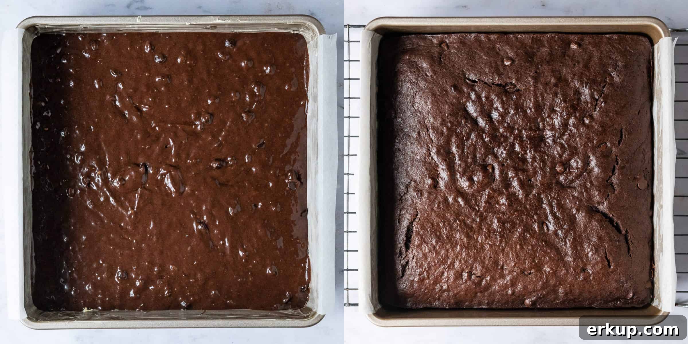 Step 3 - a two image collage of adding the batter to the tin and the baked cake.