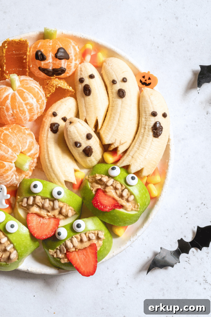 banana ghosts, tangerine pumpkins, and apple monster mouths