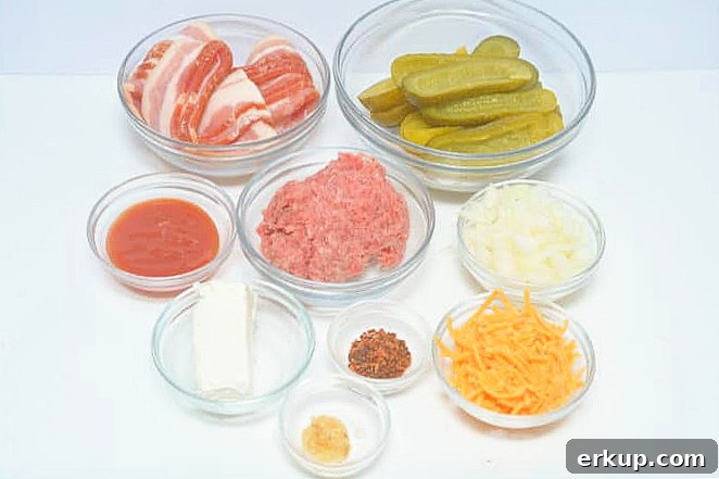 Keto Bacon-Wrapped Cheeseburger Pickle Poppers Recipe 4 ingredients for bacon wrapped pickle poppers in bowls on table.