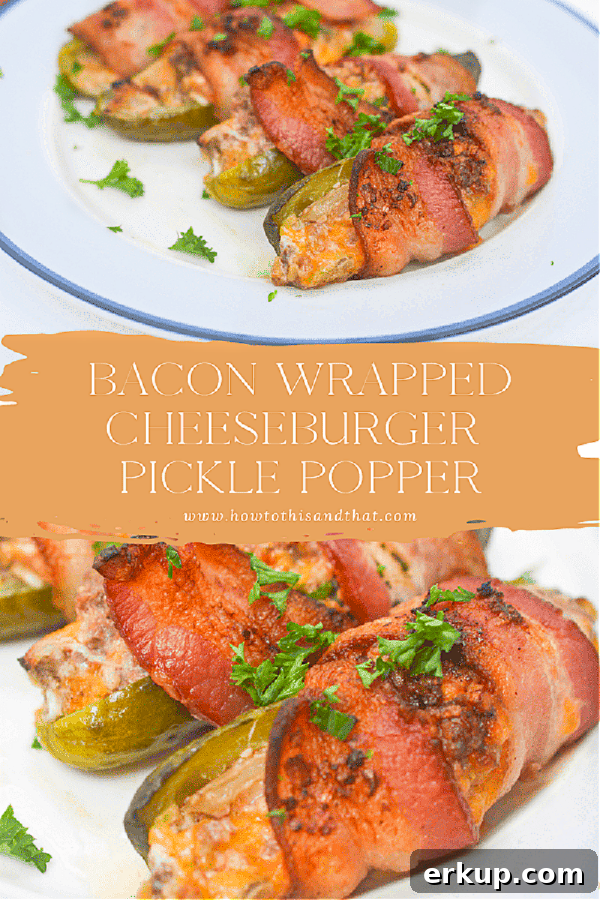 Keto Bacon-Wrapped Cheeseburger Pickle Poppers Recipe 10 bacon wrapped pickles on plates.