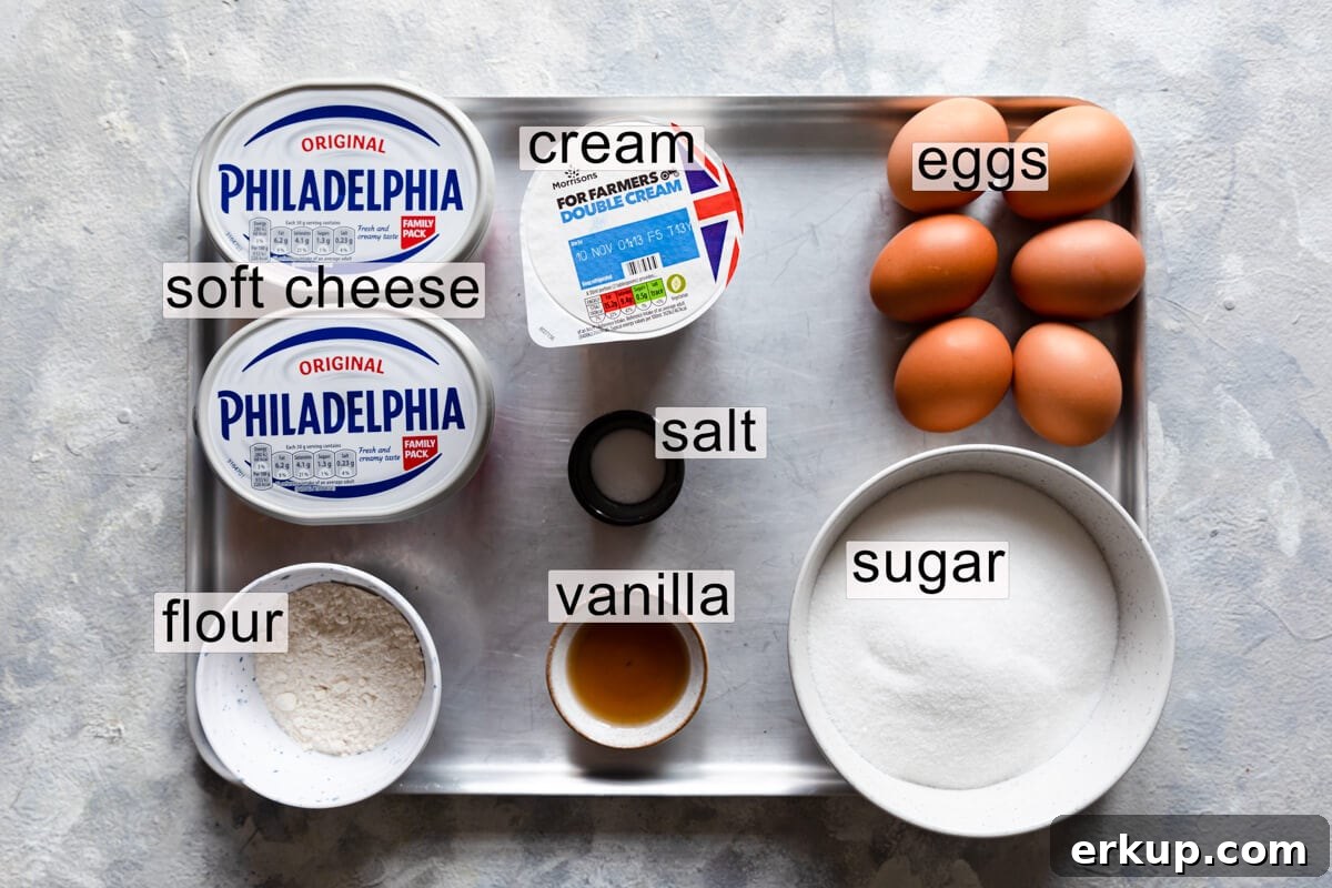 ingredients to make burnt Basque cheesecake with text labels.