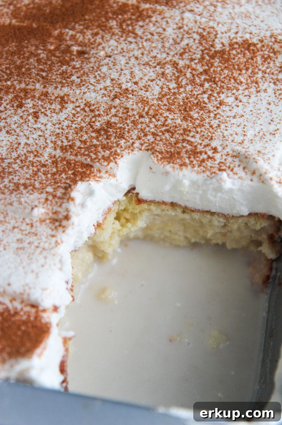 Coquito Layer Cake with Coconut Rum Frosting 3 a coquito cake with a missing slice in a baking dish.