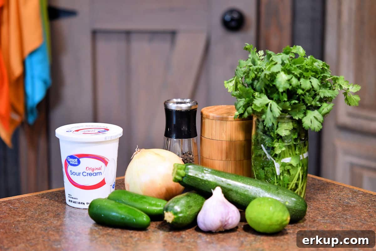 Zucchini Pasta Sauce Recipe with Garlic and Basil 3 fresh ingredients for zucchini pasta sauce on a countertop